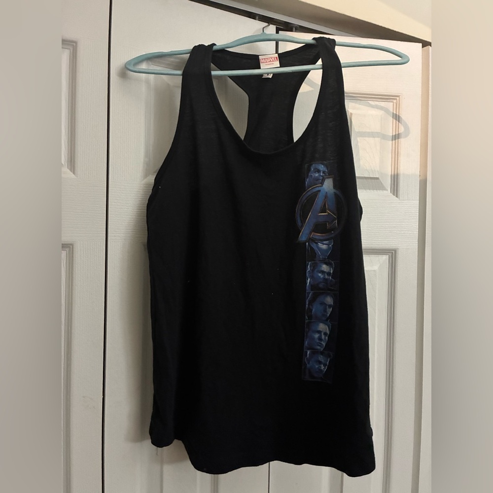 NWOT Marvel Women's Black Racerback Tank Top w/Blue Avengers Graphic, Size M/L